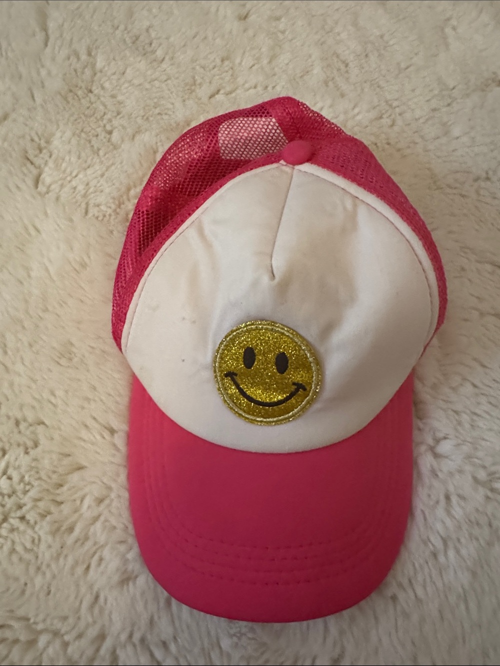 Amazon Hot Pink and White Smiley Trucker Hat with Gold Patch